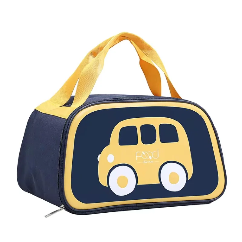 Car Print Insulated Lunch Bag with front open zip (Navy Blue Yellow)