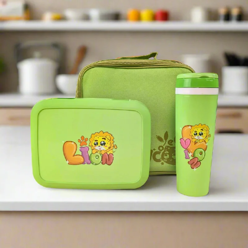 Lunch Combo Lion Theme Green ( LUNCH BAG, LUNCH BOX ,WATER BOTTLE)