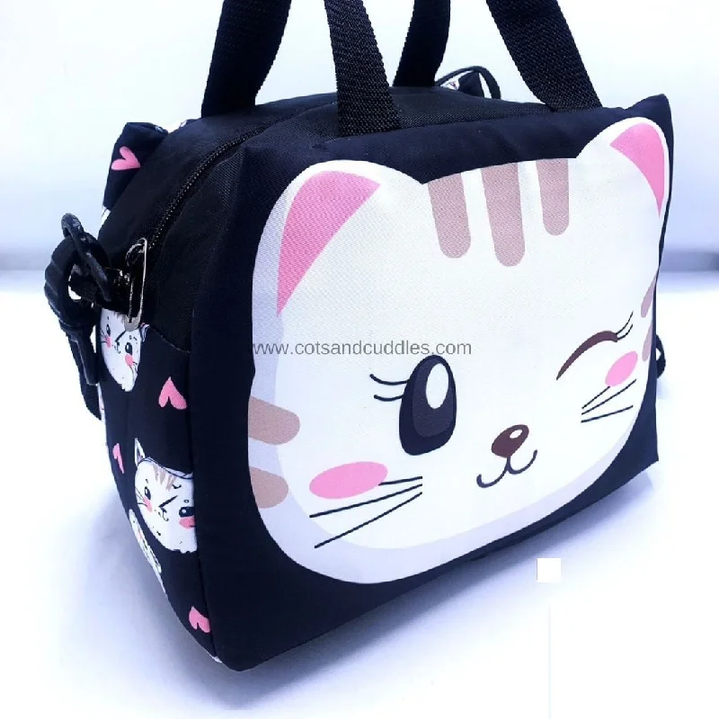 Premium Quality Baby Animals Printed Large Capacity Mesh Padded Lunch Bag: Spacious, Stylish, and Versatile with Adjustable Strap (Cat)