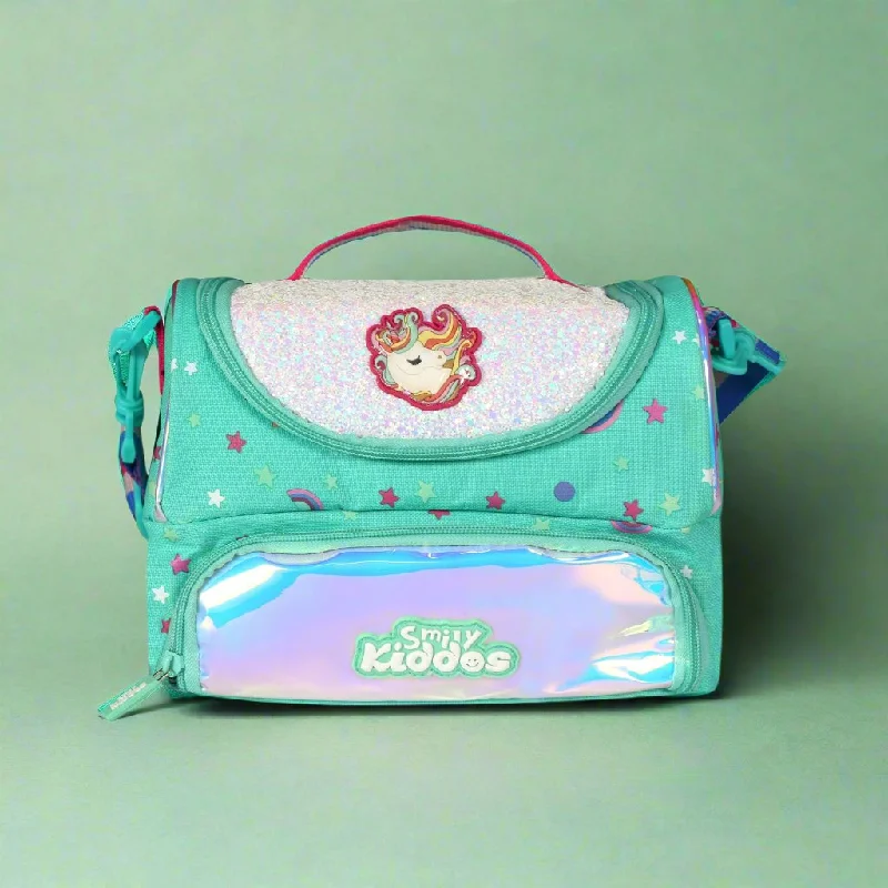 Smily Kiddos Double Compartment Holographic Lunch Bag Unicorn Theme Turquoise