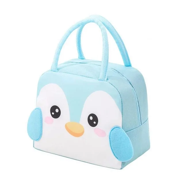 Cute 3d design Animal Printed Insulated  Lunch bag for kids (Sky blue Penguin)