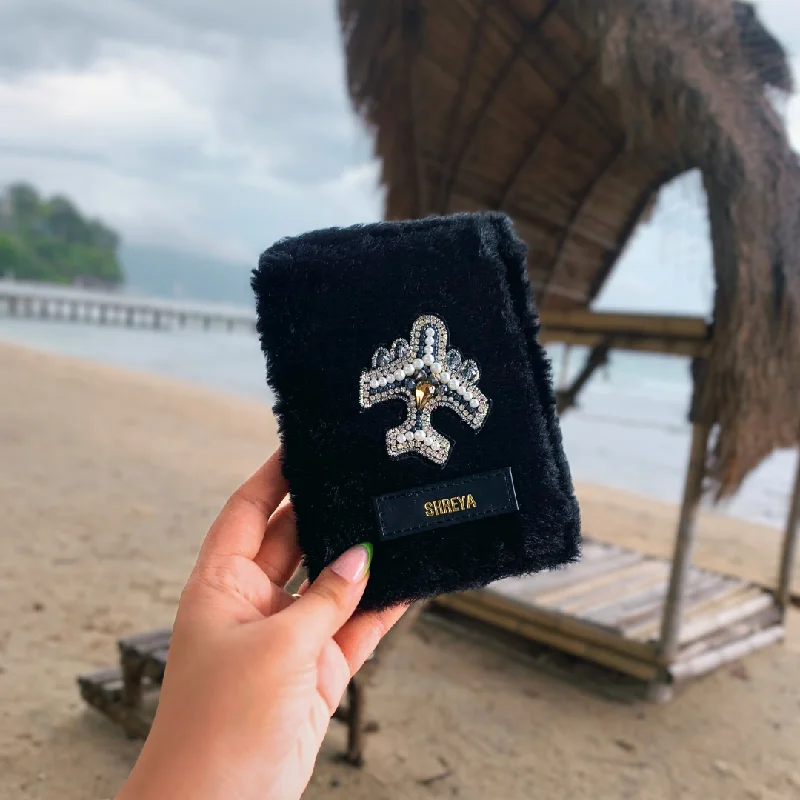 Passport Cover Black Fur with Diamond Plane