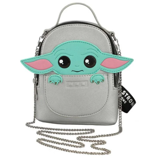 Star Wars The Mandalorian Baby Yoda Grogu Mini Wristlet Faux Leather Silver Bag with Crossbody Chain