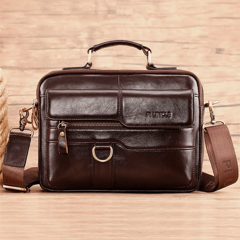 Men Genuine Leather Multi-Pocket Crossbody Bags Large Capacity Retro 6.5 Inch Phone Bag Briefcase Shoulder Bag Handbag