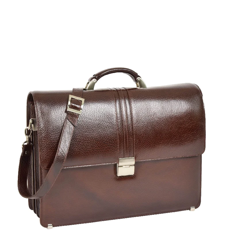 Mens Real Leather Briefcase Classic Bag Organiser CARTER Brown